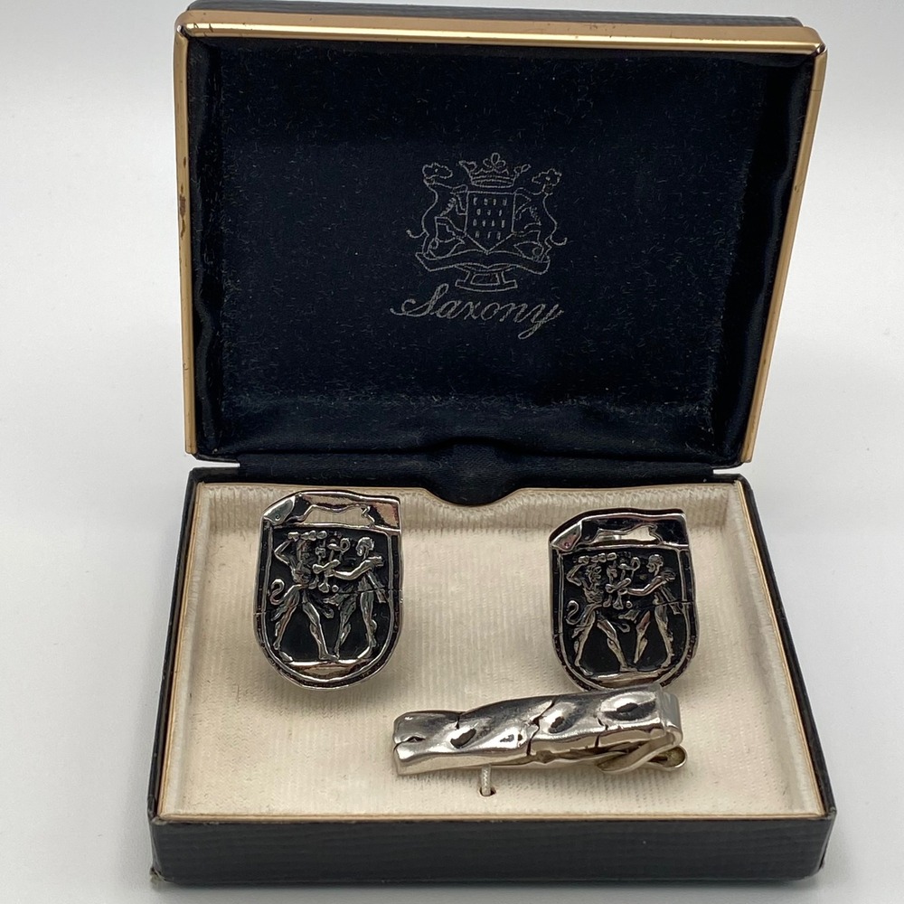 Saxony Swank Cufflinks Tie Bar Silver Tone Vintage Heraldic Crest Black Enamel